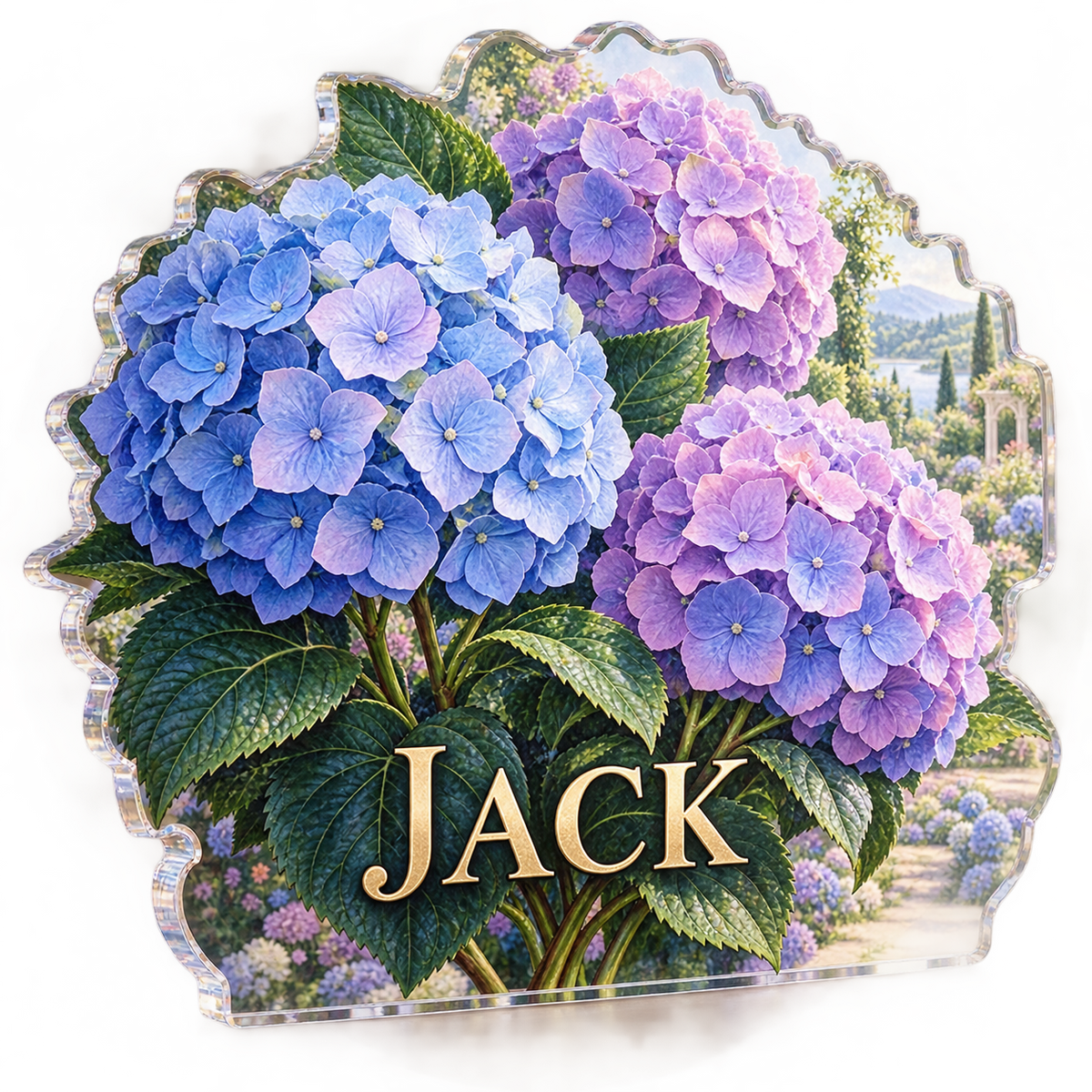 Artwork visualization: Hydrangea garden — living room focal point, personalized JACK, subject-shaped acrylic with printed optical 3D depth; not carved relief.