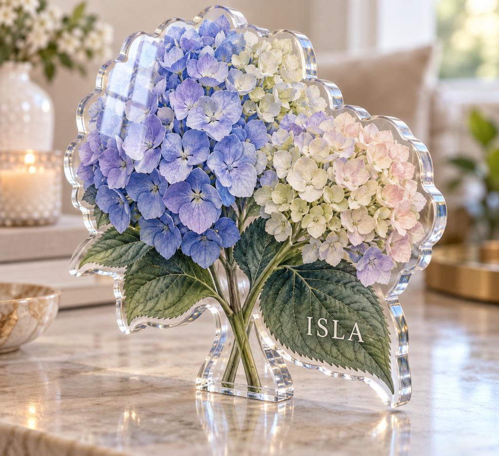 Artwork visualization: Hydrangea garden — personalized housewarming, personalized ISLA, subject-shaped acrylic with printed optical 3D depth; not carved relief.