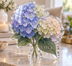 Artwork visualization: Hydrangea garden — personalized housewarming, personalized ISLA, subject-shaped acrylic with printed optical 3D depth; not carved relief.