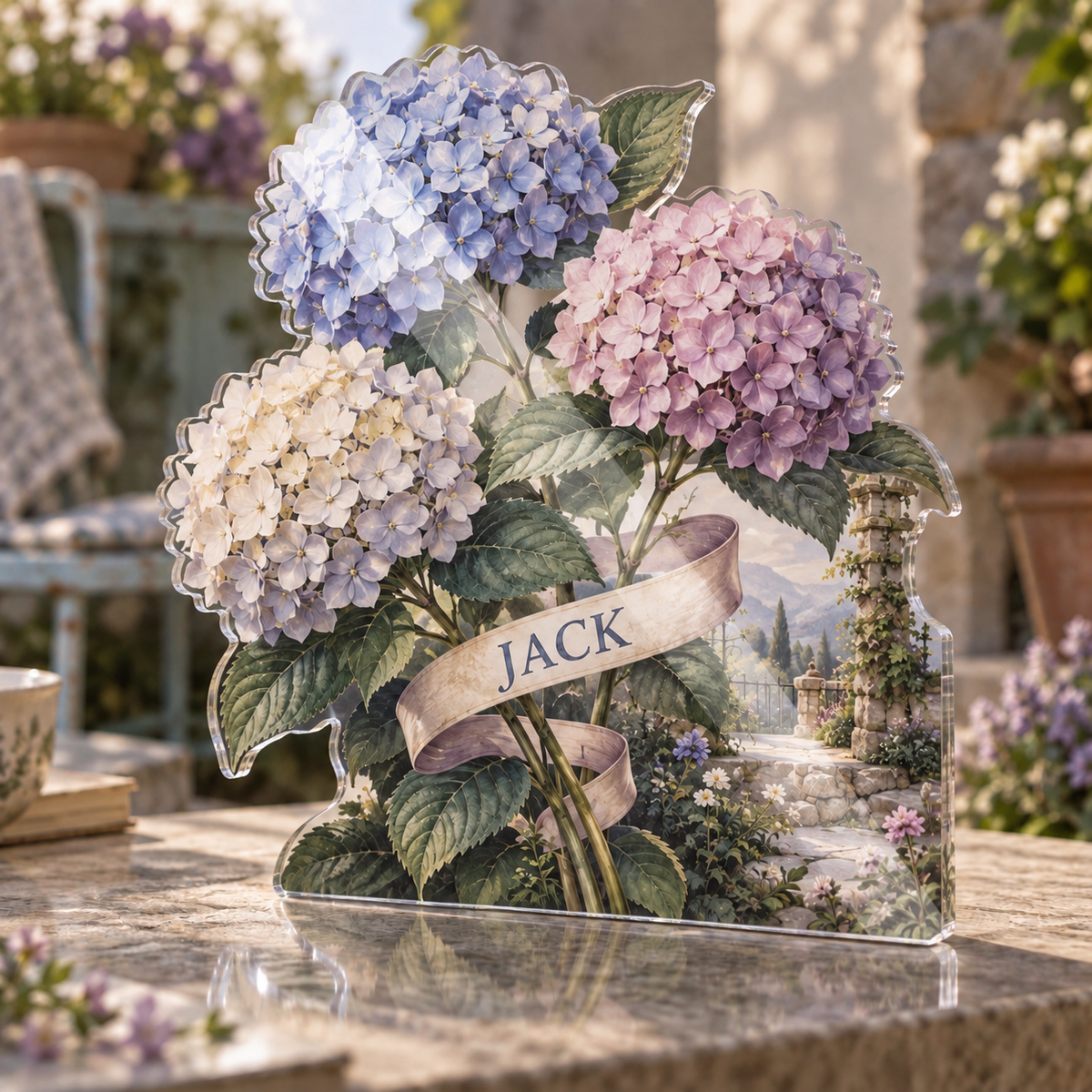 Artwork visualization: Hydrangea garden — quiet corner decoration, personalized JACK, subject-shaped acrylic with printed optical 3D depth; not carved relief.