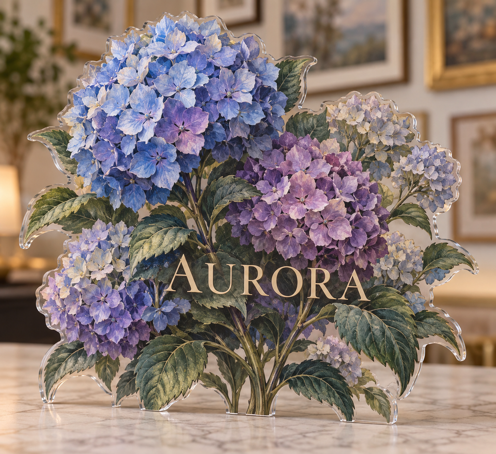 Artwork visualization: Hydrangea garden — apartment gallery wall, personalized AURORA, subject-shaped acrylic with printed optical 3D depth; not carved relief.