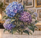 Artwork visualization: Hydrangea garden — apartment gallery wall, personalized AURORA, subject-shaped acrylic with printed optical 3D depth; not carved relief.