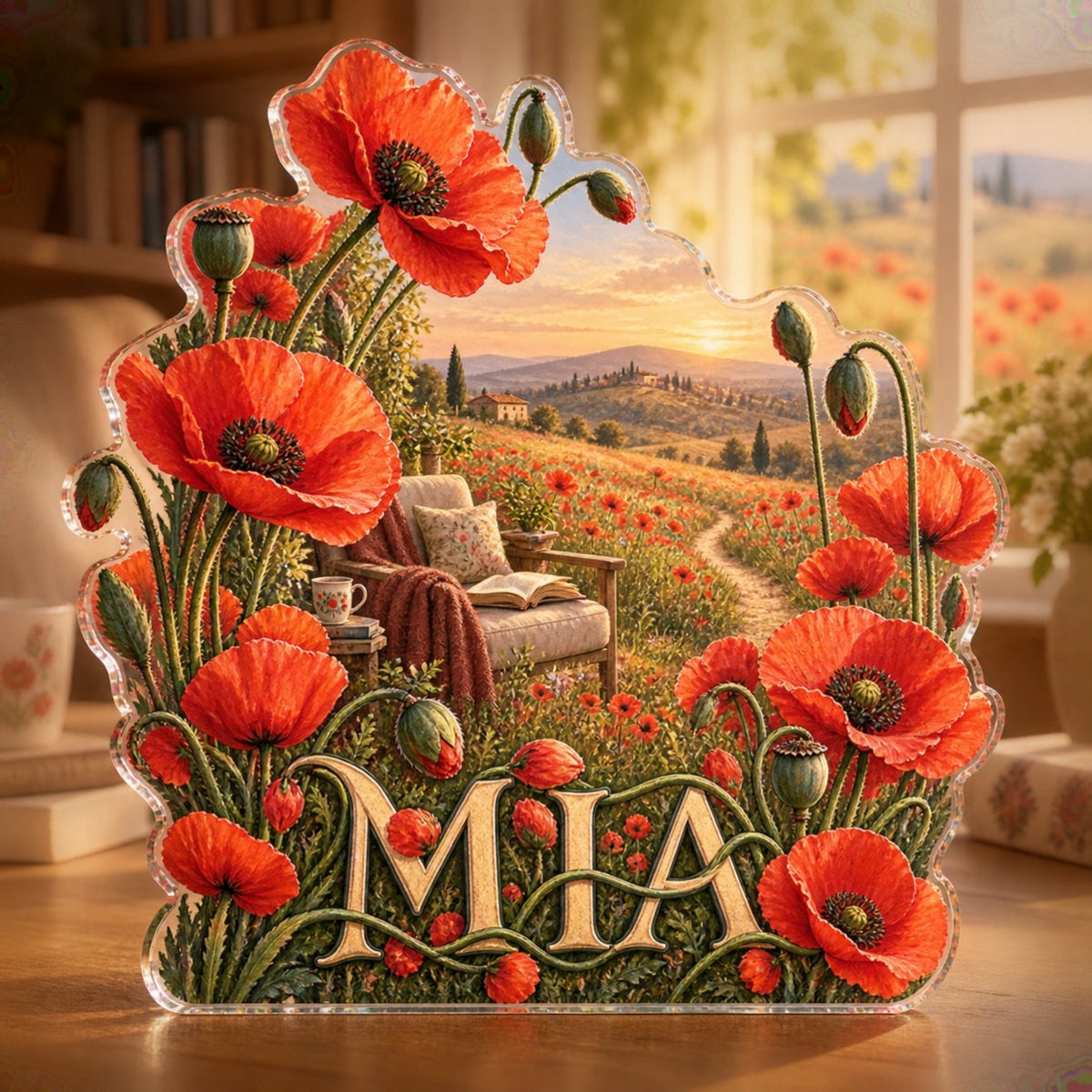 Personalized Poppy Meadow Reading Nook Decor custom shape acrylic plaque with an example name set into the artwork, digital preview