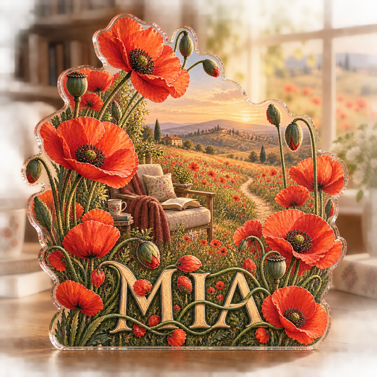 Artwork visualization: Poppy meadow — reading nook decor, personalized MIA, subject-shaped acrylic with printed optical 3D depth; not carved relief.