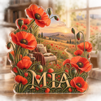Artwork visualization: Poppy meadow — reading nook decor, personalized MIA, subject-shaped acrylic with printed optical 3D depth; not carved relief.
