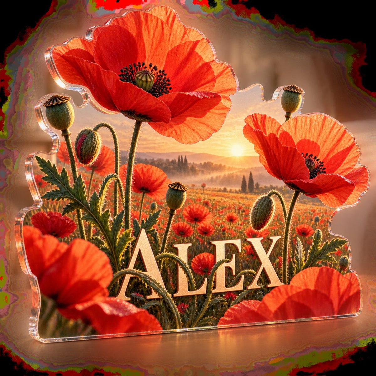 Personalized Poppy Meadow Bedroom Statement Decor custom shape acrylic plaque with an example name set into the artwork, digital preview
