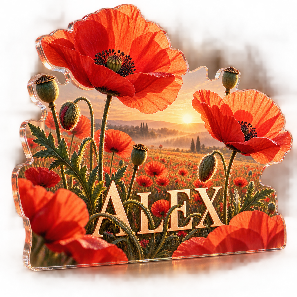 Artwork visualization: Poppy meadow — bedroom statement decor, personalized ALEX, subject-shaped acrylic with printed optical 3D depth; not carved relief.