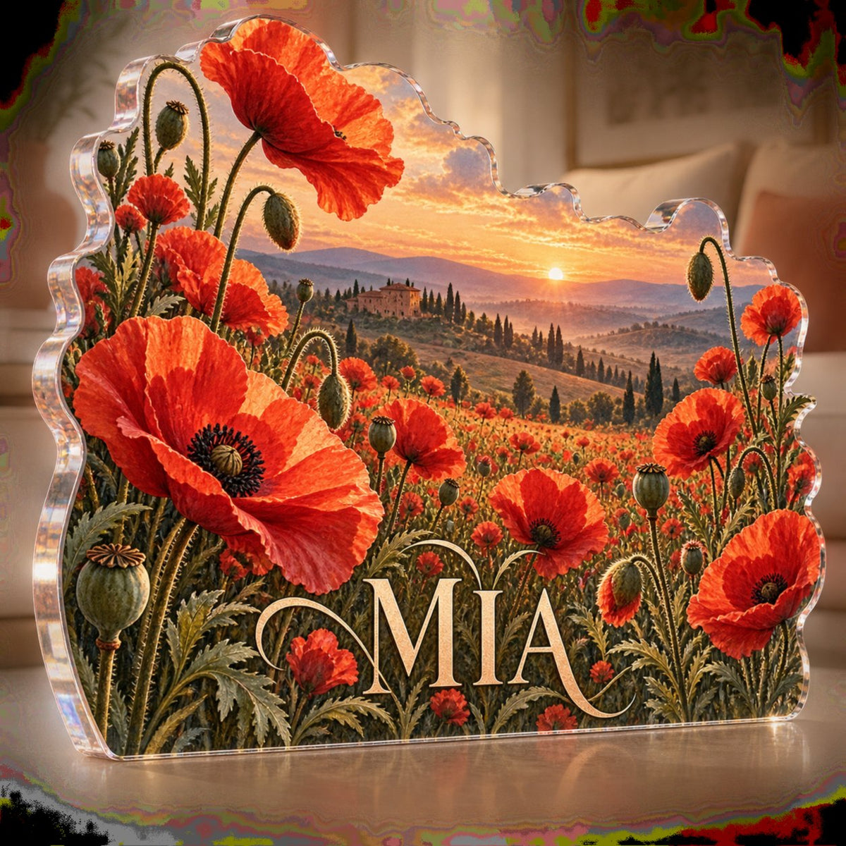 Personalized Poppy Meadow Living Room Focal Point custom shape acrylic plaque with an example name set into the artwork, digital preview