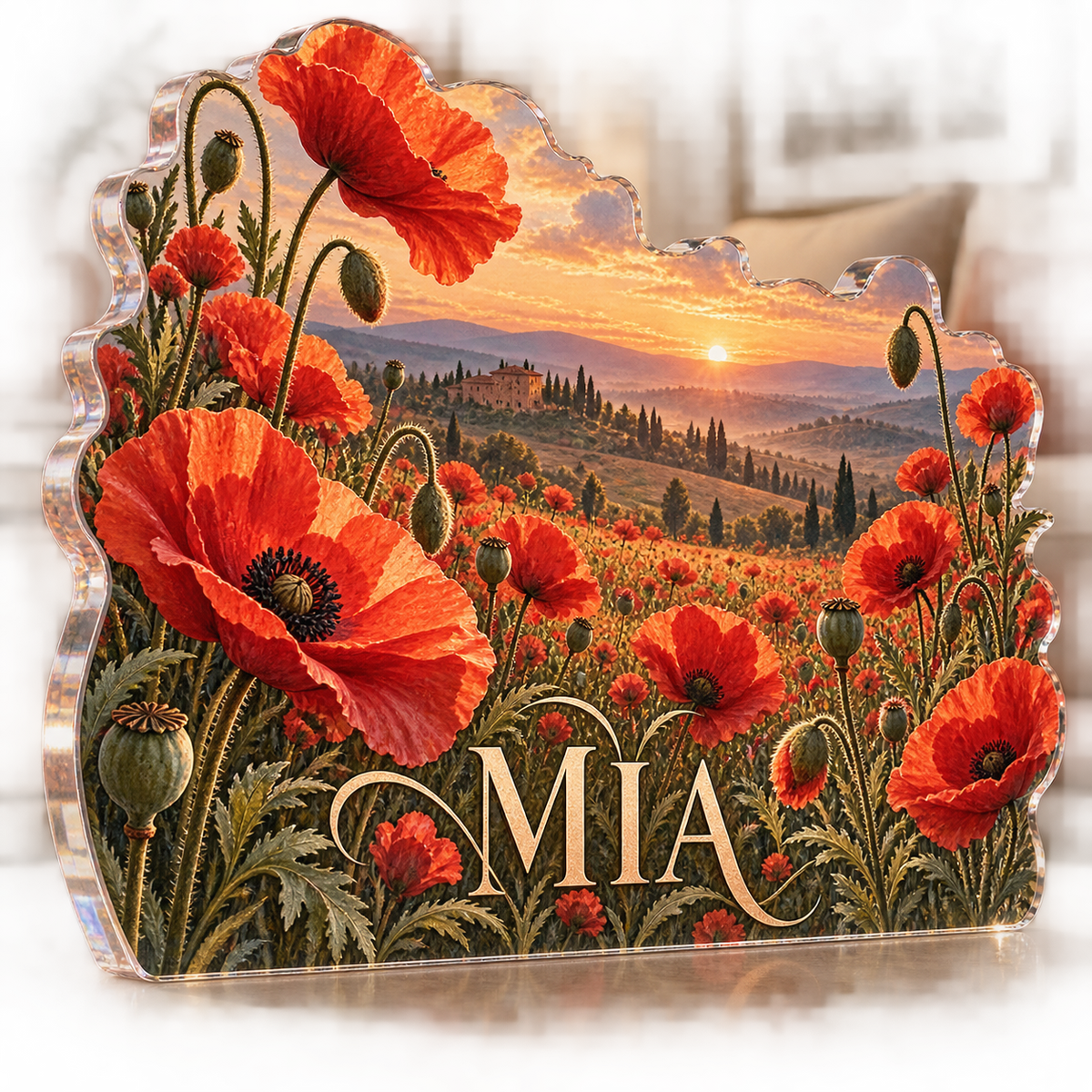 Artwork visualization: Poppy meadow — living room focal point, personalized MIA, subject-shaped acrylic with printed optical 3D depth; not carved relief.