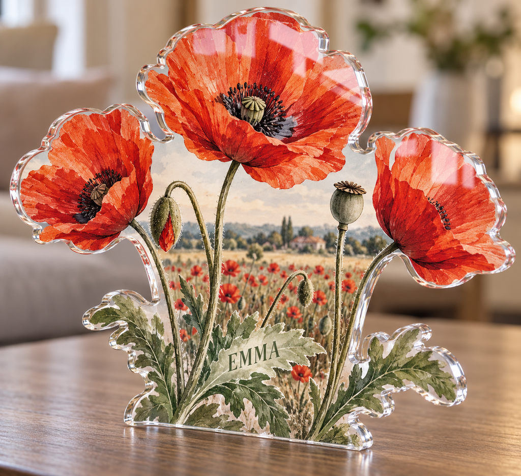 Artwork visualization: Poppy meadow — personalized housewarming, personalized EMMA, subject-shaped acrylic with printed optical 3D depth; not carved relief.