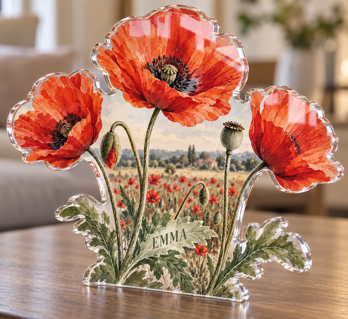Artwork visualization: Poppy meadow — personalized housewarming, personalized EMMA, subject-shaped acrylic with printed optical 3D depth; not carved relief.