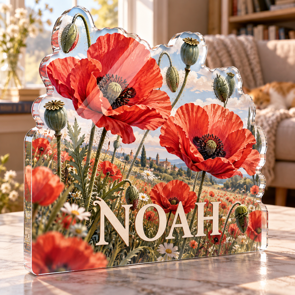 Artwork visualization: Poppy meadow — quiet corner decoration, personalized NOAH, subject-shaped acrylic with printed optical 3D depth; not carved relief.