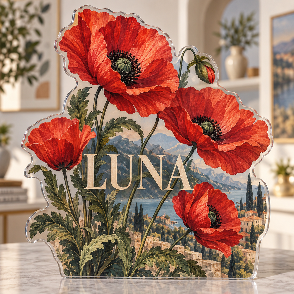 Artwork visualization: Poppy meadow — apartment gallery wall, personalized LUNA, subject-shaped acrylic with printed optical 3D depth; not carved relief.