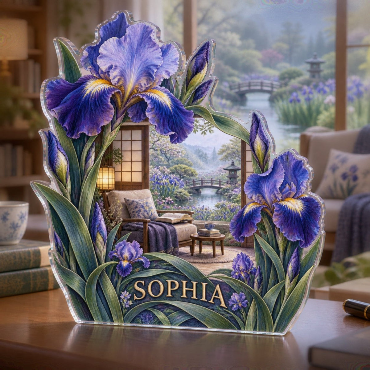 Personalized Iris Garden Reading Nook Decor custom shape acrylic plaque with an example name set into the artwork, digital preview