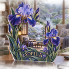 Artwork visualization: Iris garden — reading nook decor, personalized SOPHIA, subject-shaped acrylic with printed optical 3D depth; not carved relief.
