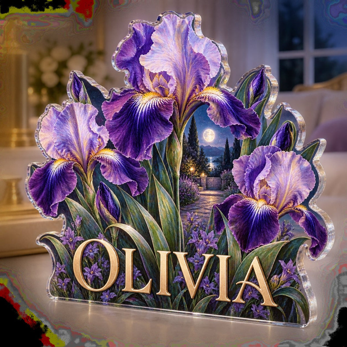 Personalized Iris Garden Bedroom Statement Decor custom shape acrylic plaque with an example name set into the artwork, digital preview