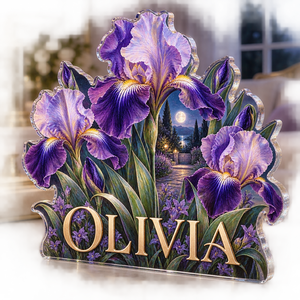 Artwork visualization: Iris garden — bedroom statement decor, personalized OLIVIA, subject-shaped acrylic with printed optical 3D depth; not carved relief.