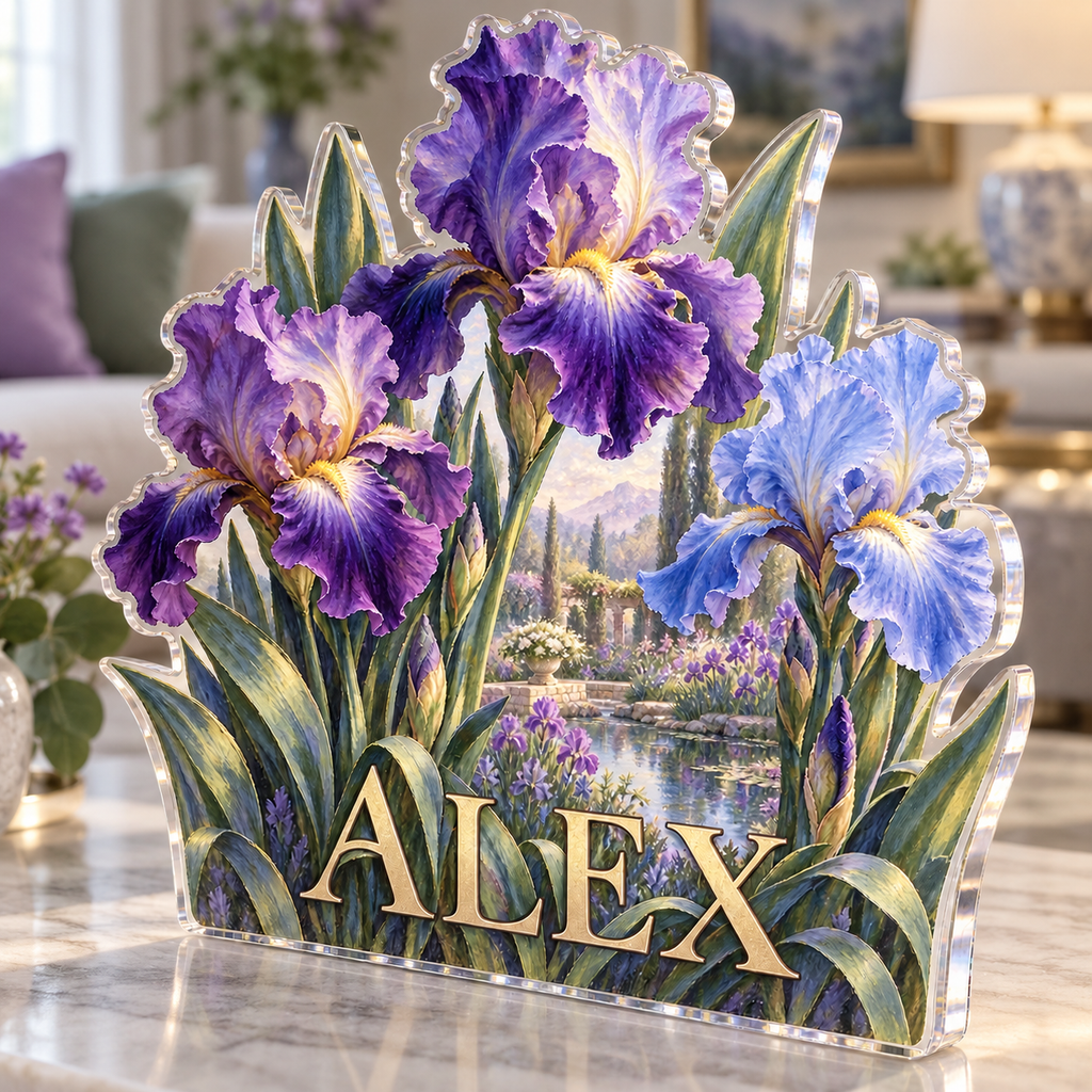 Artwork visualization: Iris garden — living room focal point, personalized ALEX, subject-shaped acrylic with printed optical 3D depth; not carved relief.