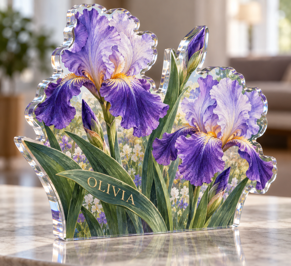 Artwork visualization: Iris garden — personalized housewarming, personalized OLIVIA, subject-shaped acrylic with printed optical 3D depth; not carved relief.