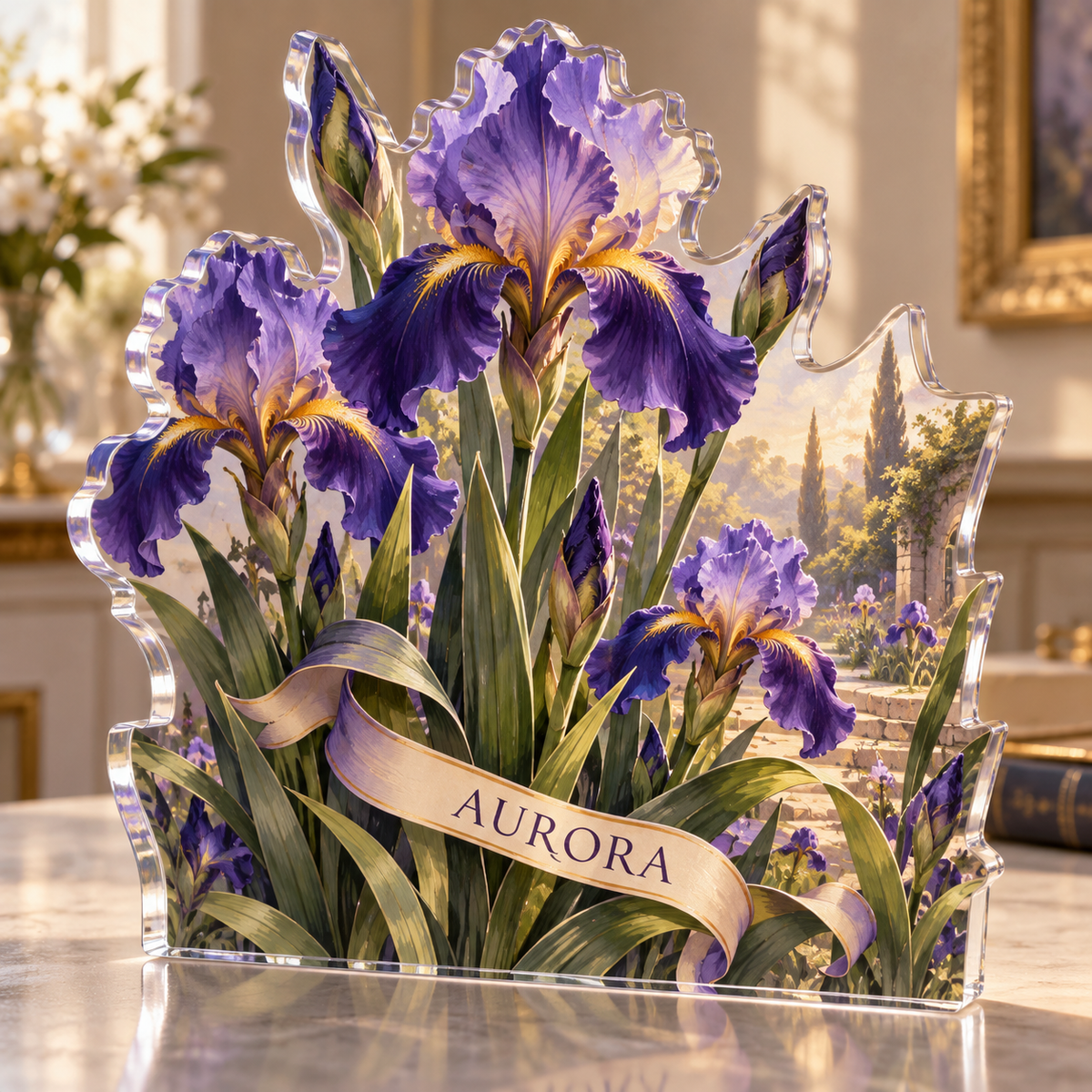 Artwork visualization: Iris garden — quiet corner decoration, personalized AURORA, subject-shaped acrylic with printed optical 3D depth; not carved relief.