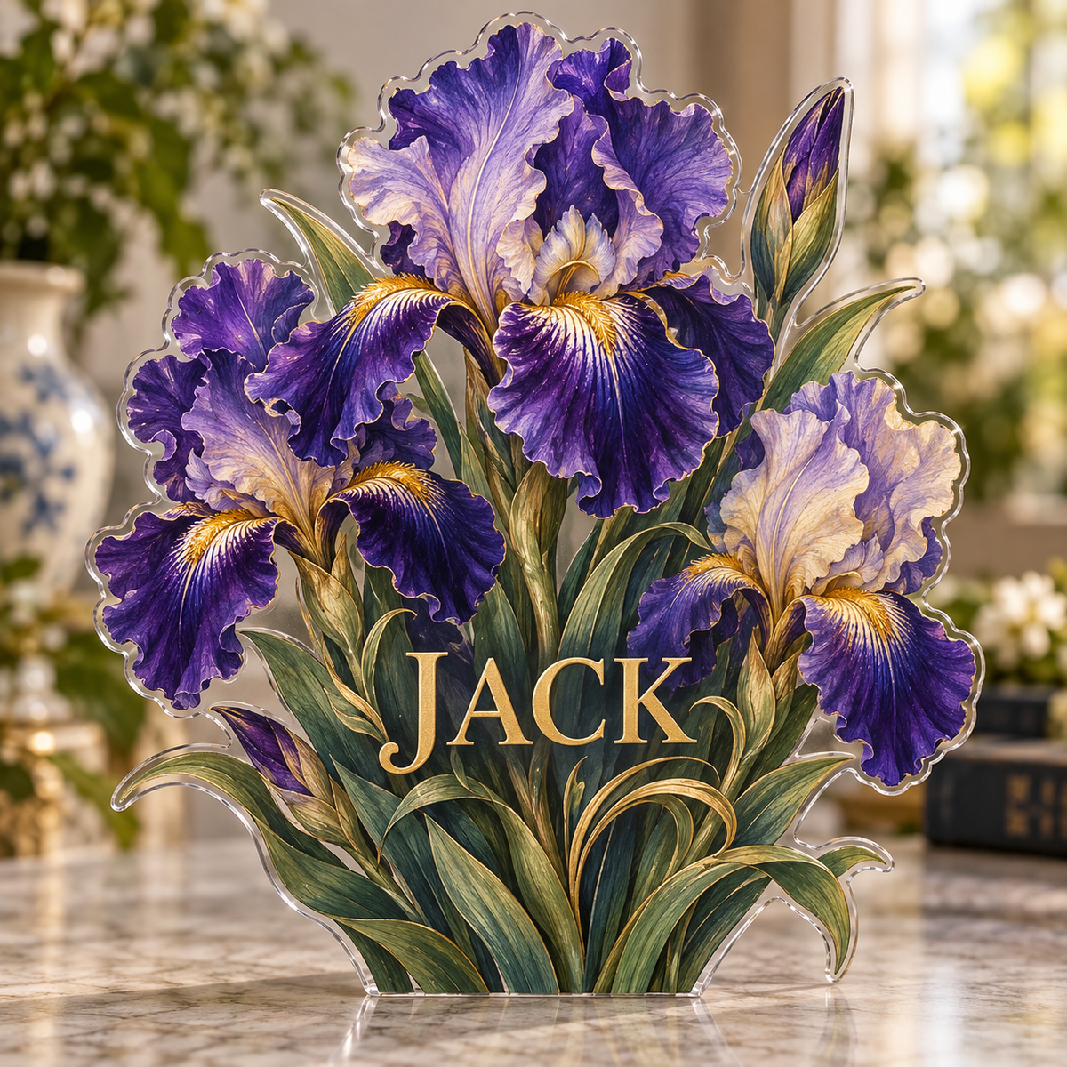 Artwork visualization: Iris garden — apartment gallery wall, personalized JACK, subject-shaped acrylic with printed optical 3D depth; not carved relief.