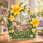 Artwork visualization: Daffodil and jonquil — reading nook decor, personalized SOPHIA, subject-shaped acrylic with printed optical 3D depth; not carved relief.