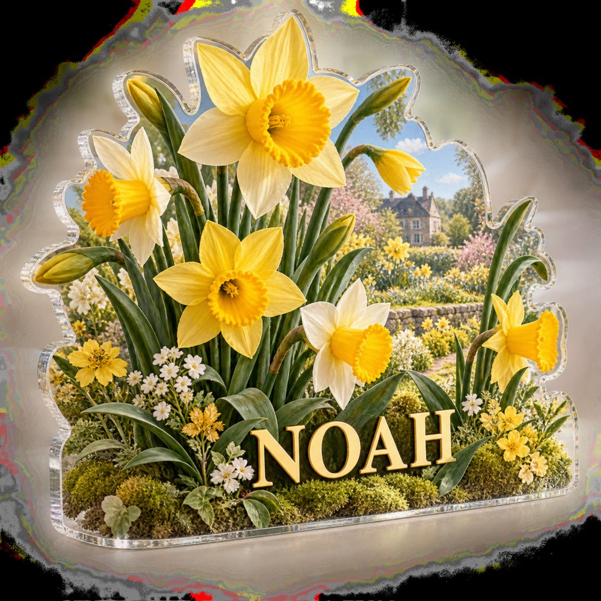 Personalized Daffodil And Jonquil Bedroom Statement Decor custom shape acrylic plaque with an example name set into the artwork, digital preview