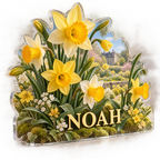 Artwork visualization: Daffodil and jonquil — bedroom statement decor, personalized NOAH, subject-shaped acrylic with printed optical 3D depth; not carved relief.