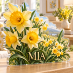 Artwork visualization: Daffodil and jonquil — living room focal point, personalized MIA, subject-shaped acrylic with printed optical 3D depth; not carved relief.
