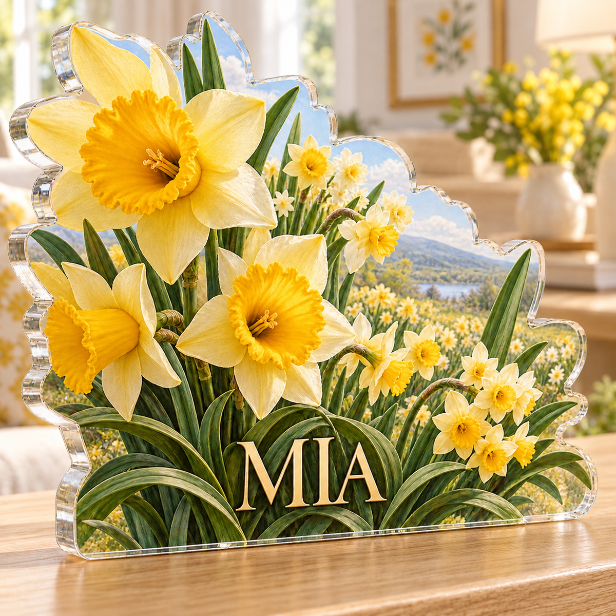 Artwork visualization: Daffodil and jonquil — living room focal point, personalized MIA, subject-shaped acrylic with printed optical 3D depth; not carved relief.