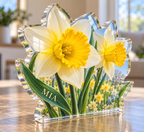 Artwork visualization: Daffodil and jonquil — personalized housewarming, personalized MIA, subject-shaped acrylic with printed optical 3D depth; not carved relief.