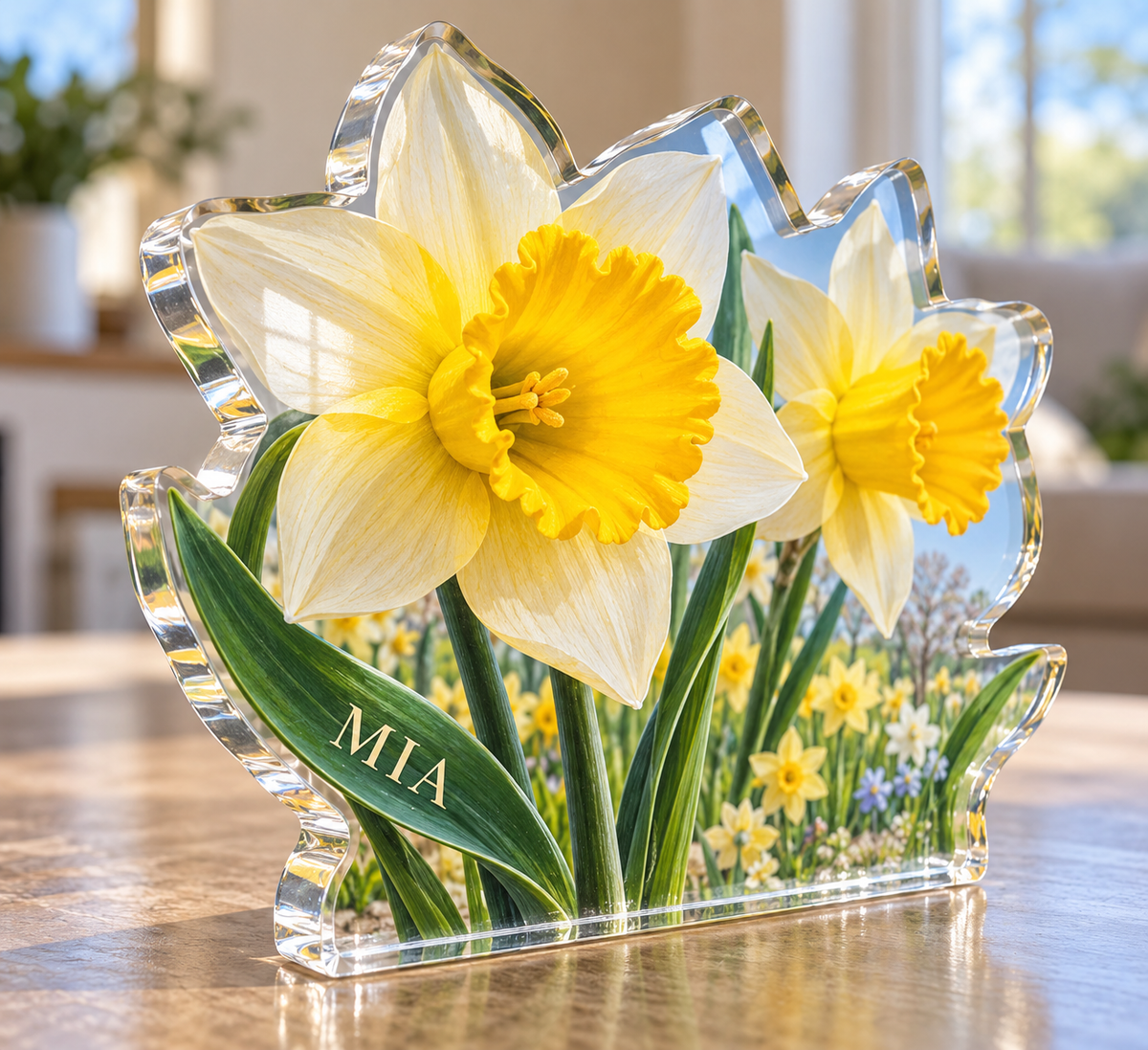Artwork visualization: Daffodil and jonquil — personalized housewarming, personalized MIA, subject-shaped acrylic with printed optical 3D depth; not carved relief.