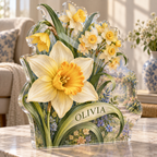 Artwork visualization: Daffodil and jonquil — quiet corner decoration, personalized OLIVIA, subject-shaped acrylic with printed optical 3D depth; not carved relief.