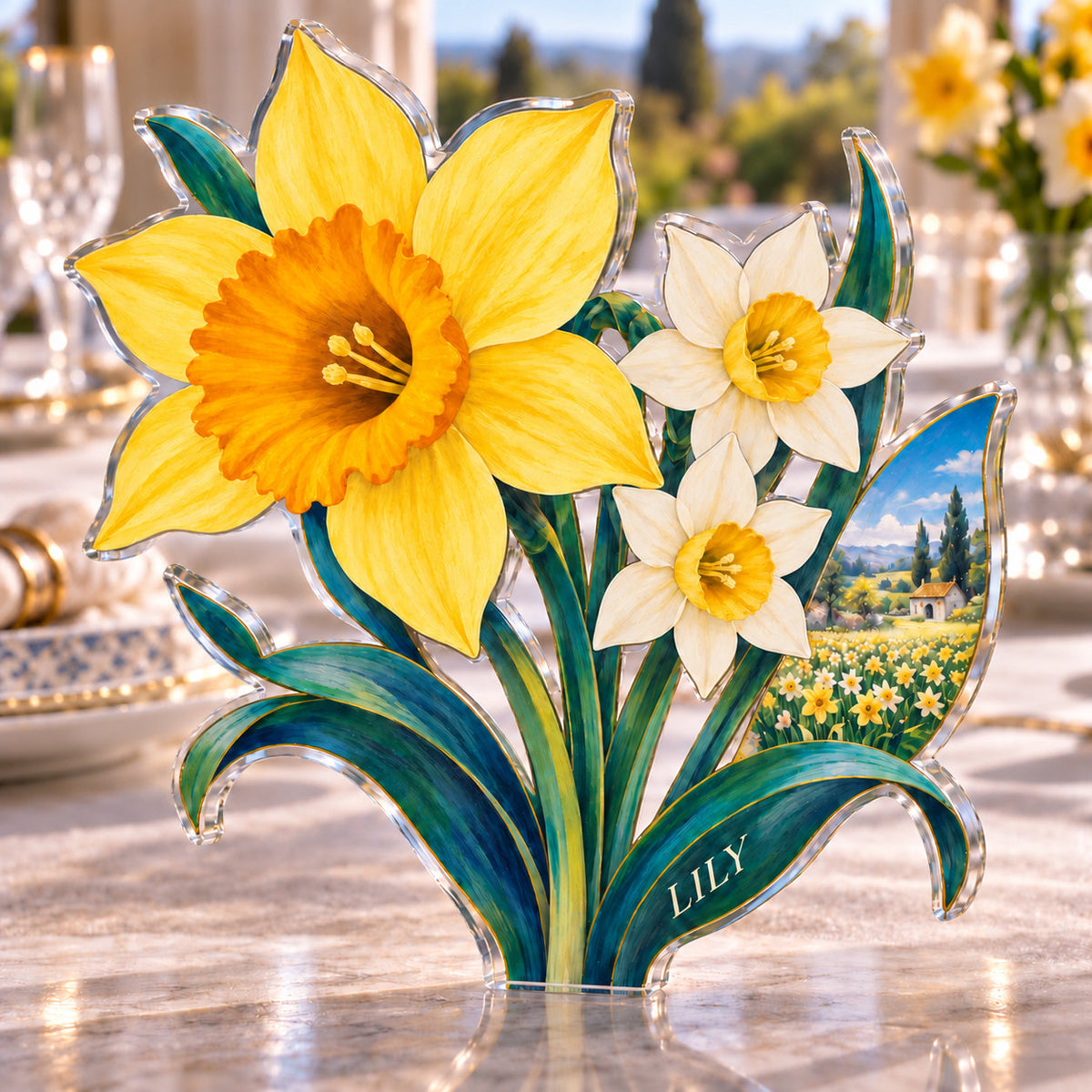 Personalized acrylic plaque with an example name set into the artwork, digital preview