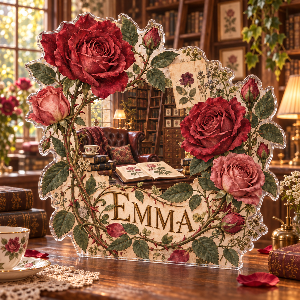 Artwork visualization: Rose herbarium — reading nook decor, personalized EMMA, subject-shaped acrylic with printed optical 3D depth; not carved relief.