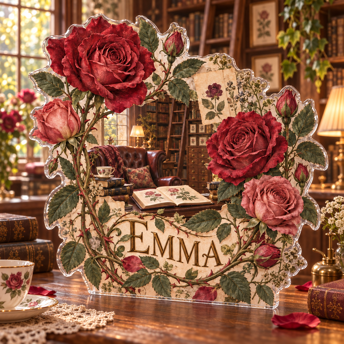 Artwork visualization: Rose herbarium — reading nook decor, personalized EMMA, subject-shaped acrylic with printed optical 3D depth; not carved relief.