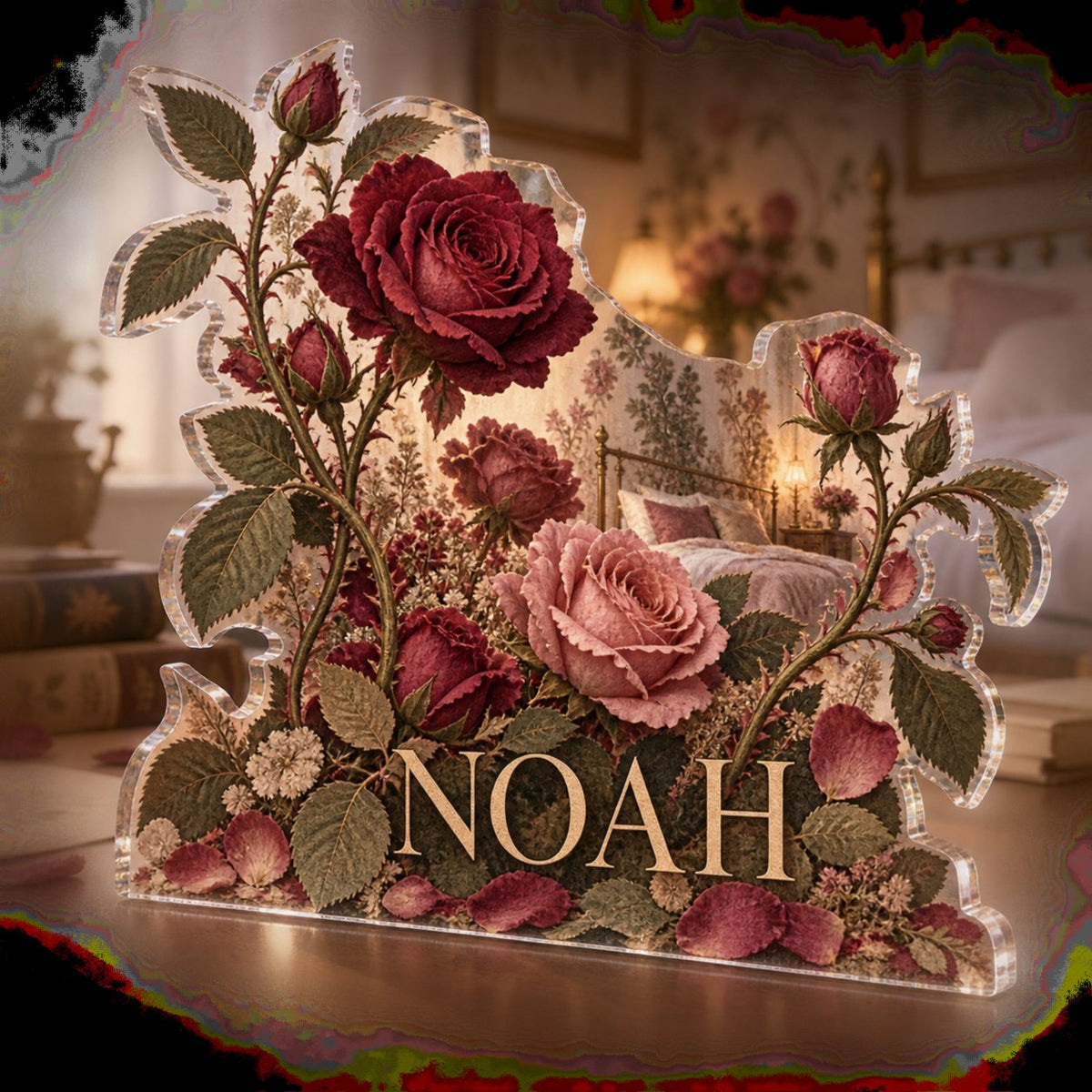 Personalized Rose Herbarium Bedroom Statement Decor custom shape acrylic plaque with an example name set into the artwork, digital preview