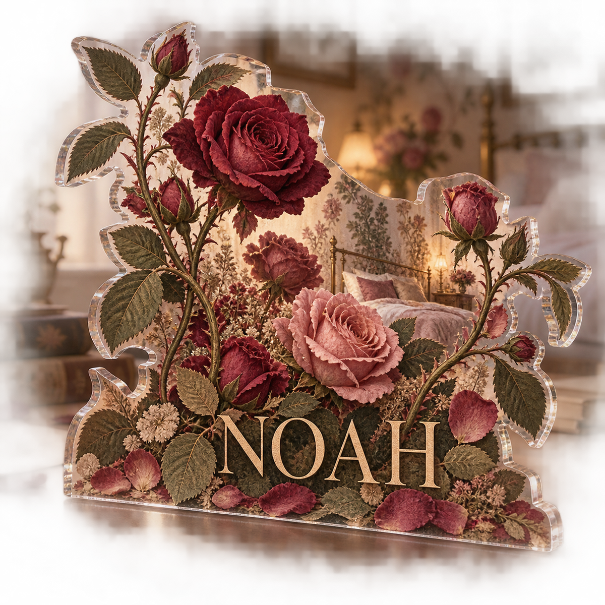 Artwork visualization: Rose herbarium — bedroom statement decor, personalized NOAH, subject-shaped acrylic with printed optical 3D depth; not carved relief.