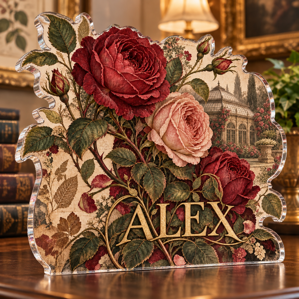 Artwork visualization: Rose herbarium — living room focal point, personalized ALEX, subject-shaped acrylic with printed optical 3D depth; not carved relief.
