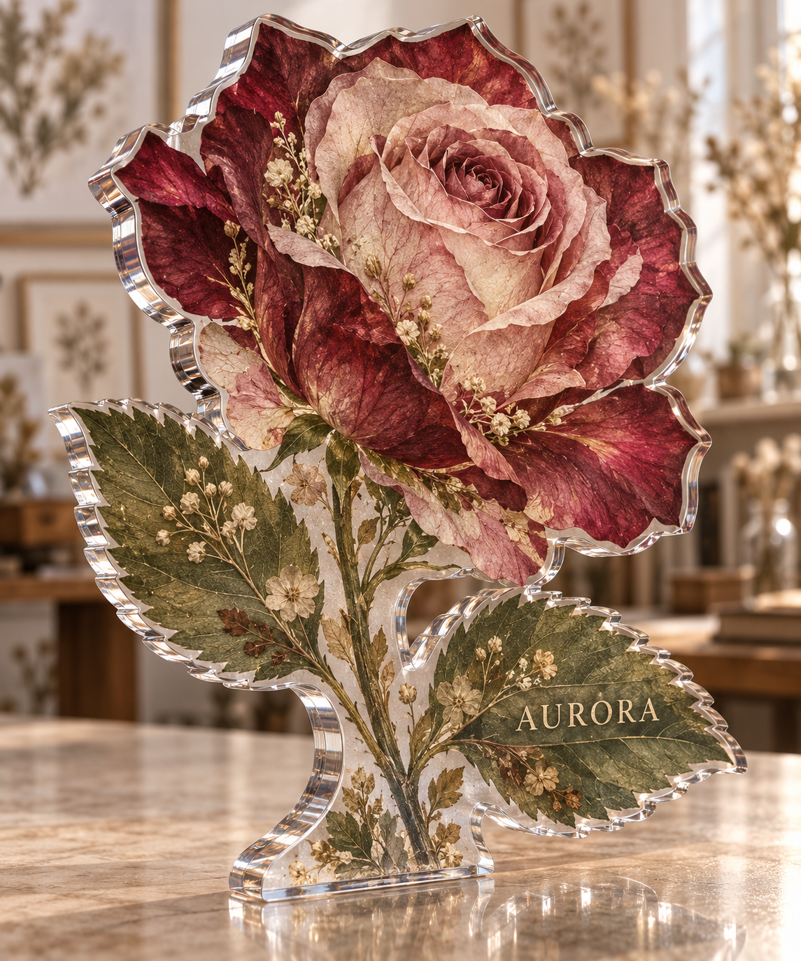 Artwork visualization: Rose herbarium — personalized housewarming, personalized AURORA, subject-shaped acrylic with printed optical 3D depth; not carved relief.