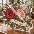 Artwork visualization: Rose herbarium — quiet corner decoration, personalized OLIVIA, subject-shaped acrylic with printed optical 3D depth; not carved relief.