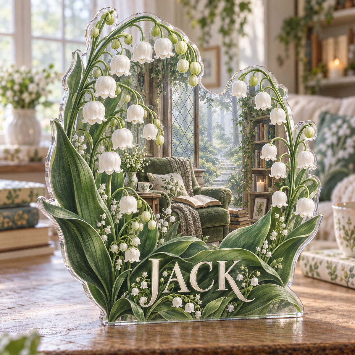 Artwork visualization: Lily of the valley — reading nook decor, personalized JACK, subject-shaped acrylic with printed optical 3D depth; not carved relief.