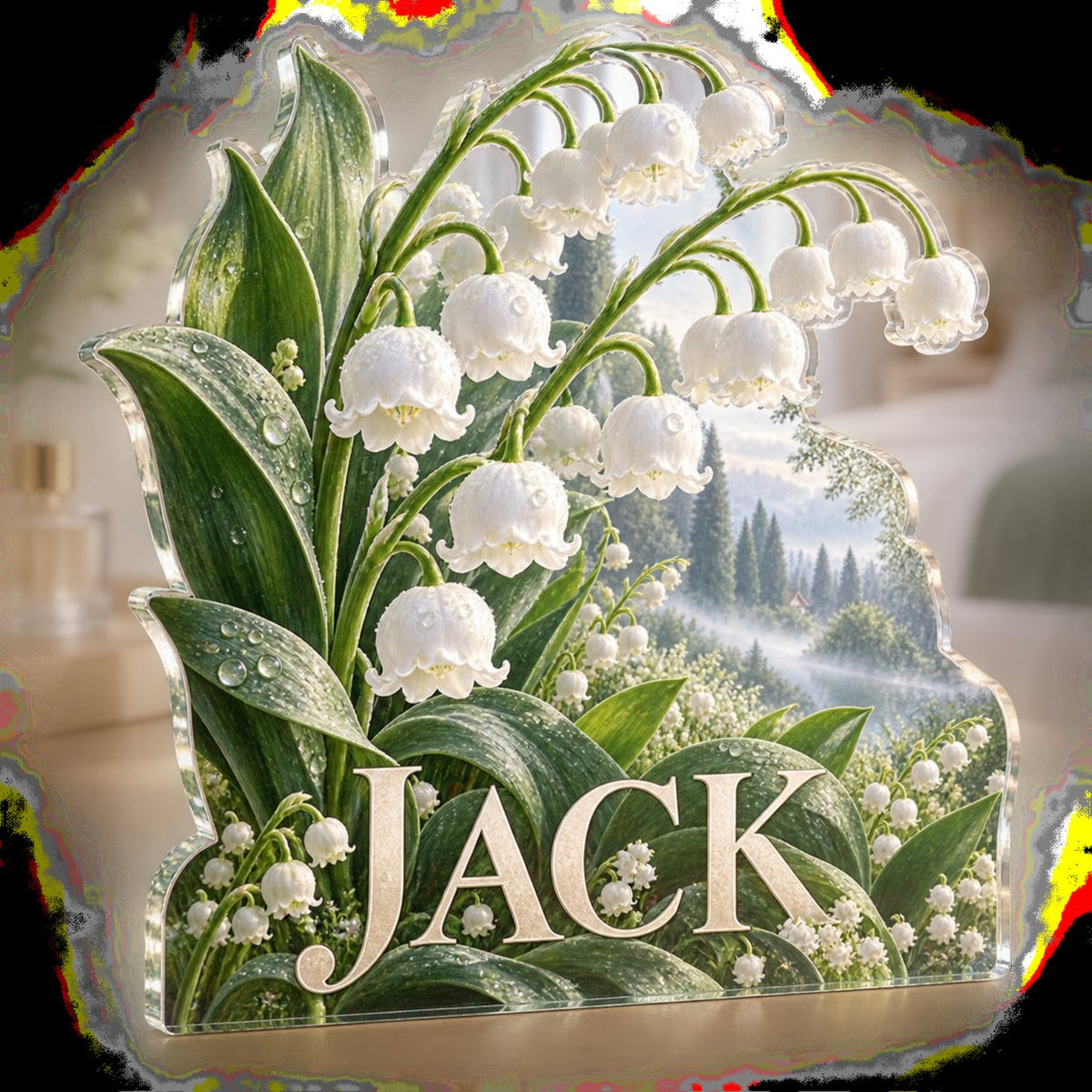 Personalized Lily Of The Valley Bedroom Statement Decor custom shape acrylic plaque with an example name set into the artwork, digital preview