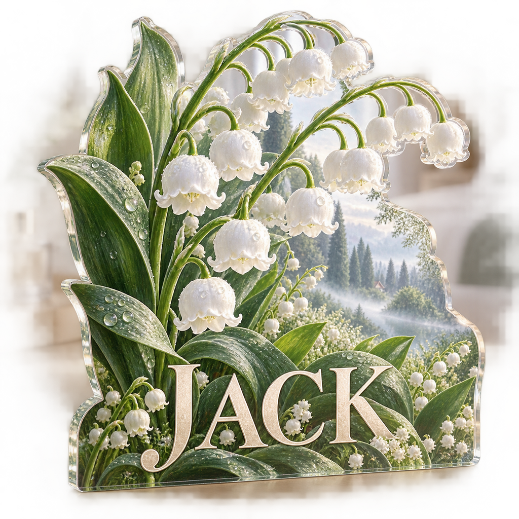 Artwork visualization: Lily of the valley — bedroom statement decor, personalized JACK, subject-shaped acrylic with printed optical 3D depth; not carved relief.
