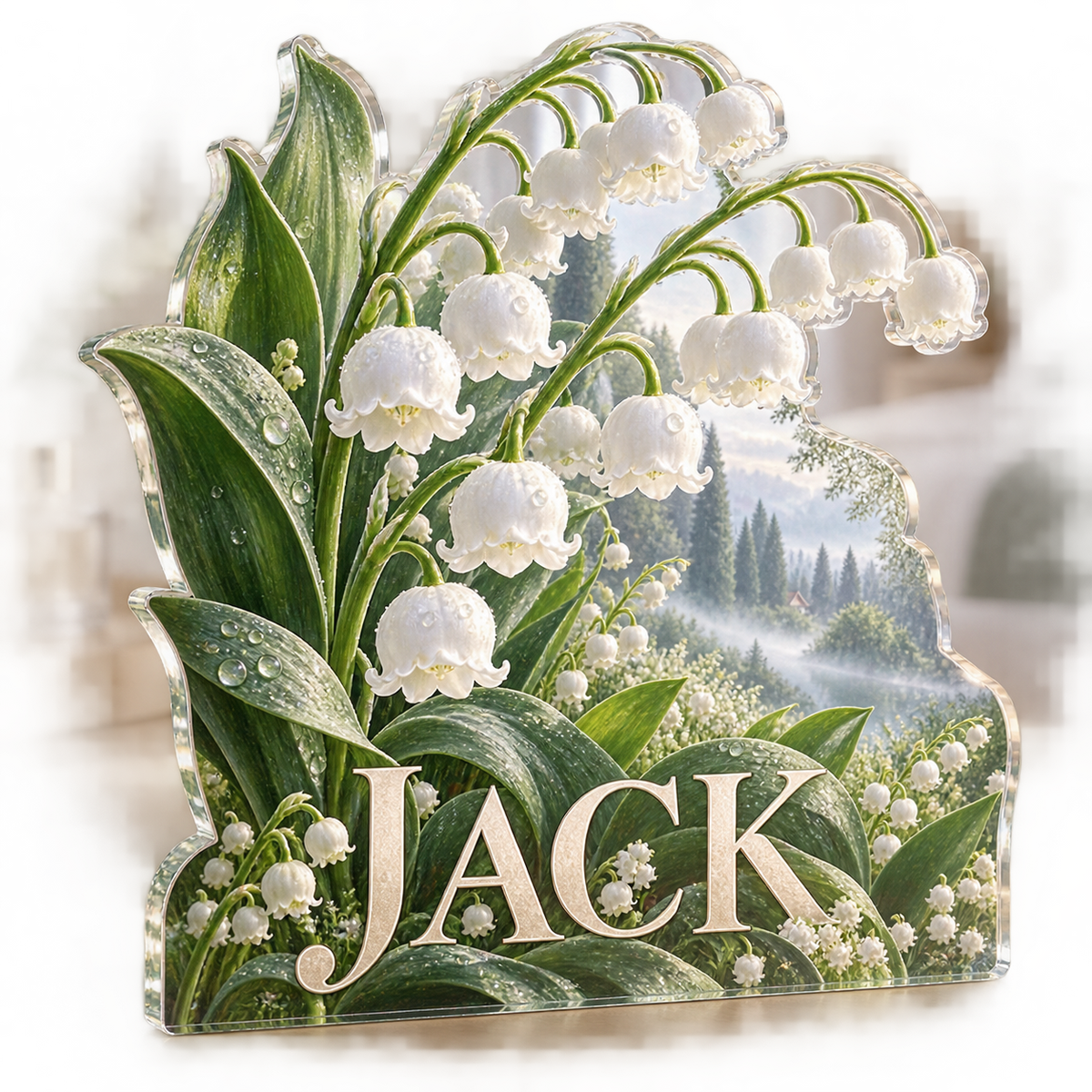 Artwork visualization: Lily of the valley — bedroom statement decor, personalized JACK, subject-shaped acrylic with printed optical 3D depth; not carved relief.
