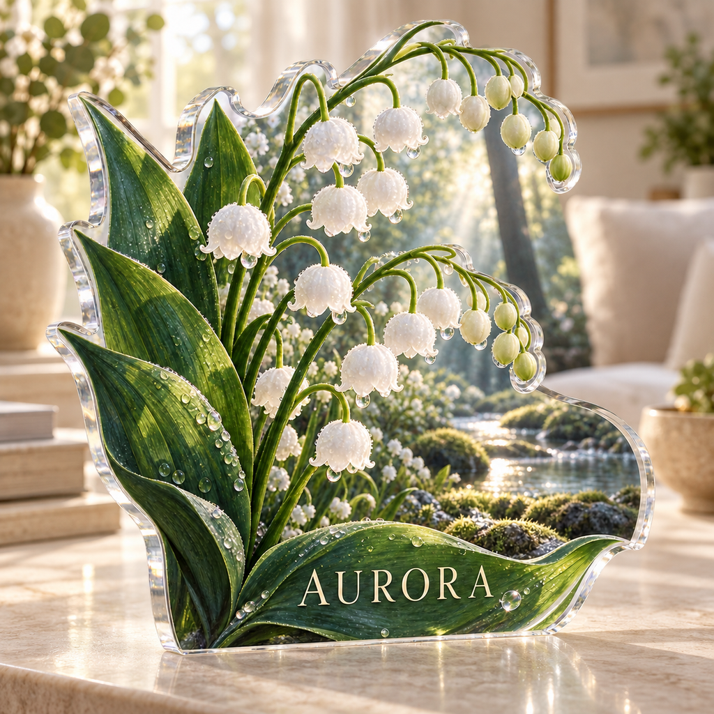 Artwork visualization: Lily of the valley — living room focal point, personalized AURORA, subject-shaped acrylic with printed optical 3D depth; not carved relief.