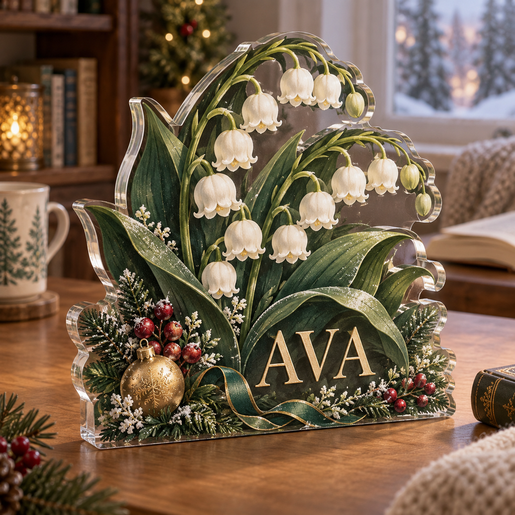 Artwork visualization: Lily of the valley — quiet corner decoration, personalized AVA, subject-shaped acrylic with printed optical 3D depth; not carved relief.