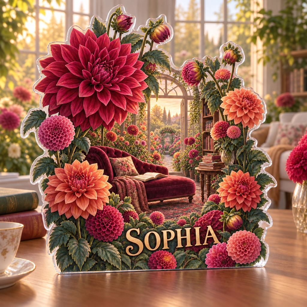 Artwork visualization: Dahlia garden — reading nook decor, personalized SOPHIA, subject-shaped acrylic with printed optical 3D depth; not carved relief.