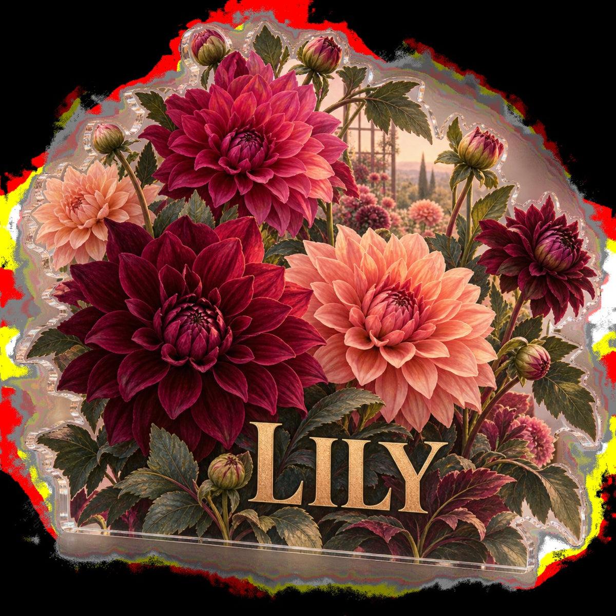 Personalized Dahlia Garden Bedroom Statement Decor custom shape acrylic plaque with an example name set into the artwork, digital preview