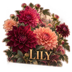 Artwork visualization: Dahlia garden — bedroom statement decor, personalized LILY, subject-shaped acrylic with printed optical 3D depth; not carved relief.